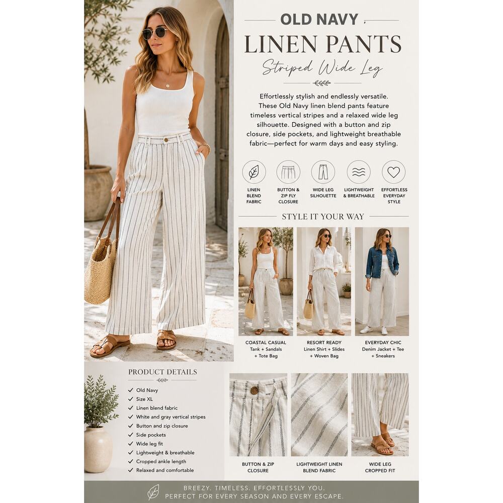 Old Navy Linen Blend Pants Wide Leg Striped Pull On White Gray XL Coastal Casual
